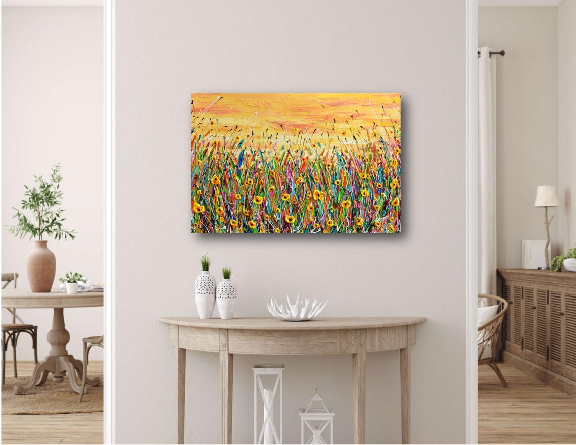 Yellow Flower Field Sunset Painting Warm Golden Meadow Blooms Poster - Image 2