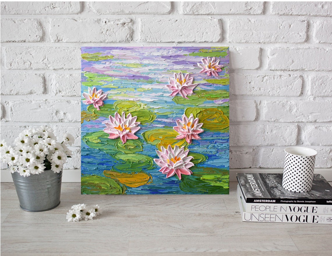 Pink Water Lilies Pond Purple Water Monet Style Impressionist Poster - Image 3