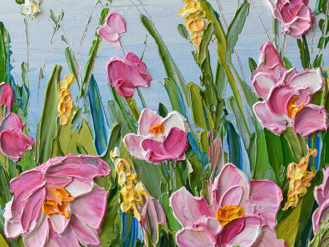 Pink Wildflower Meadow Blue Sky Yellow Blossom Impasto Flower Poster - Image 2