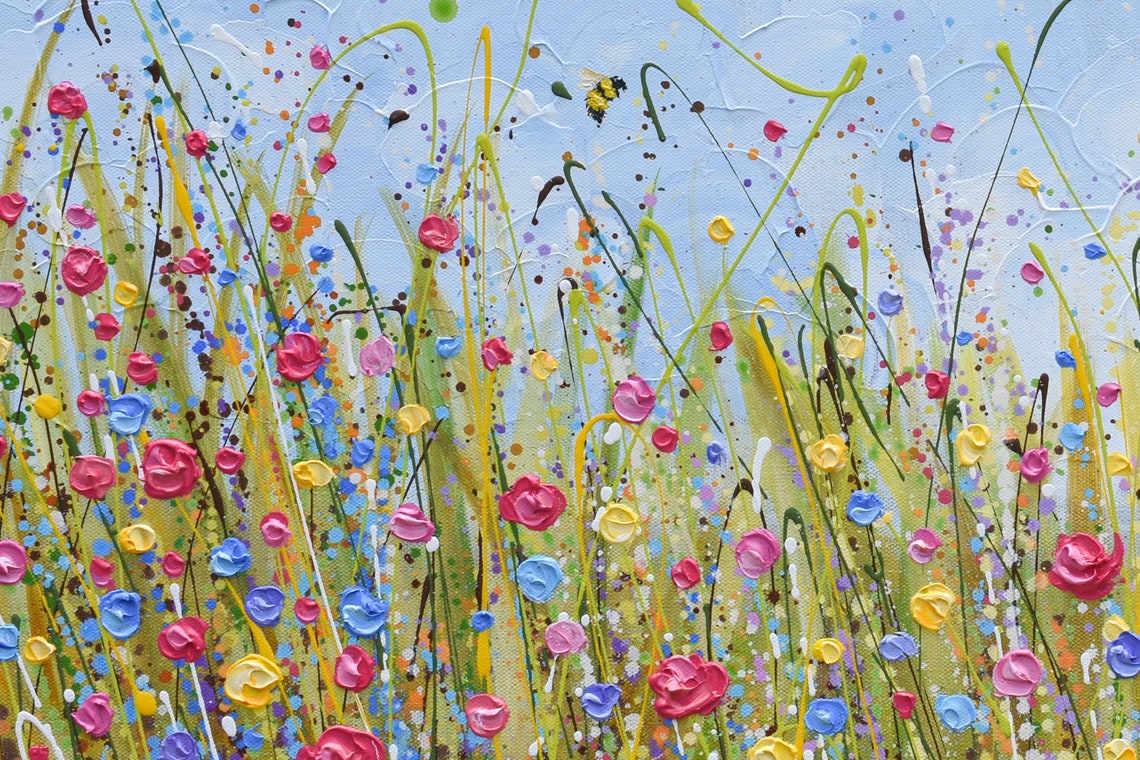 Pink Red Blue Wildflower Field Textured Sky Panoramic Art Print - Image 2