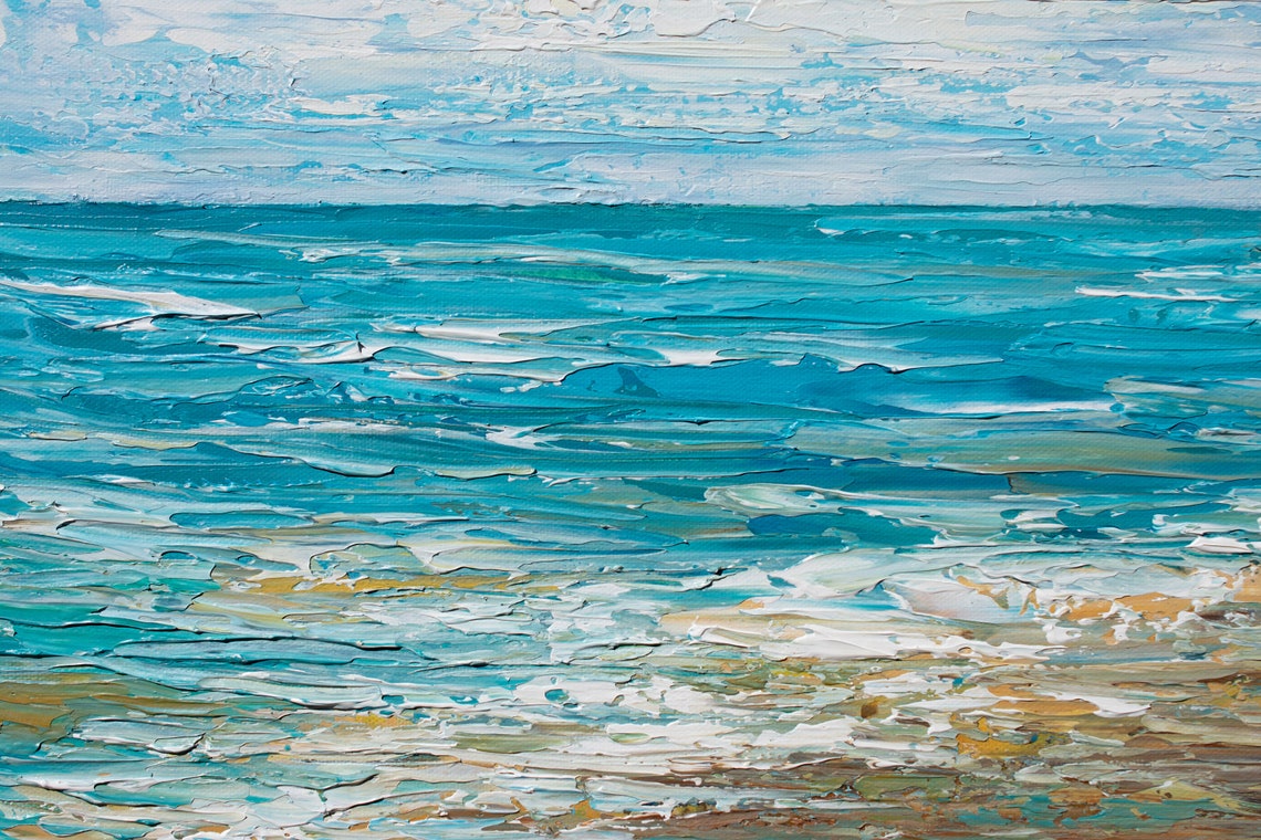Blue Gray Ocean Painting Dramatic Cloud Sky Turquoise Water Art Poster - Image 3