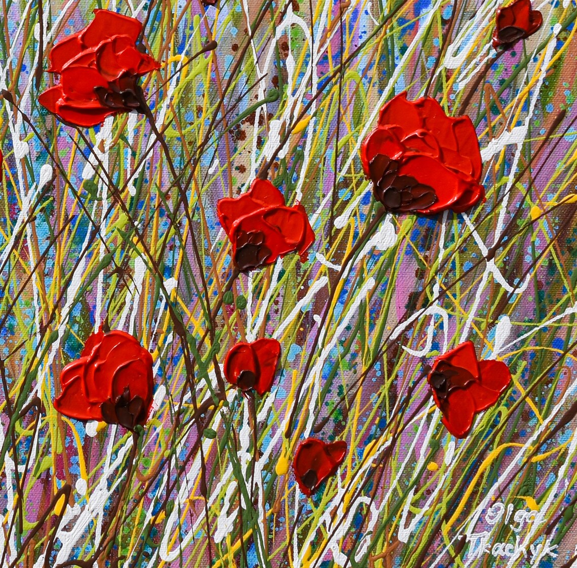Red Poppy Field Wildflower Meadow Tall Grass Impasto Floral Art Print - Image 2
