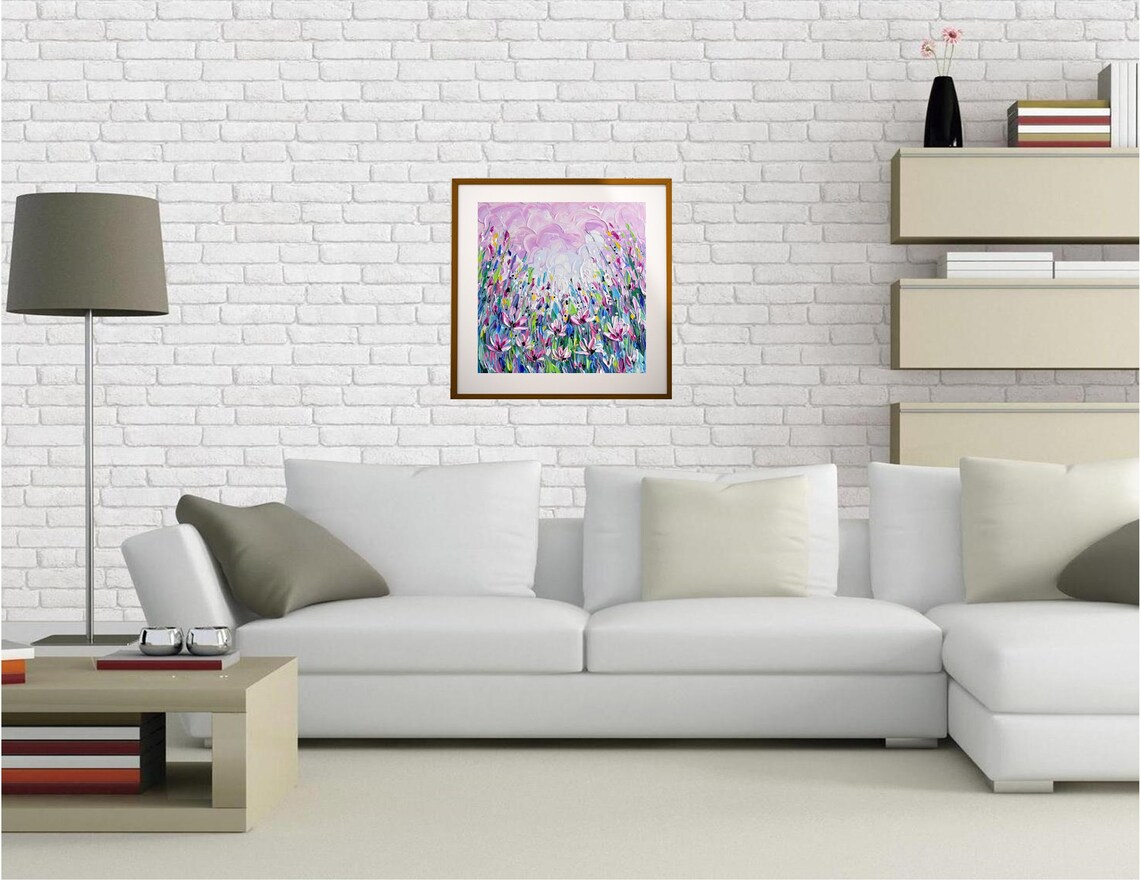 Pink Wildflower Meadow Painting Dreamy Sky Impasto Floral Art Poster - Image 3