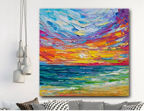 Bright Sunset Painting Beach Seascape Orange Yellow Teal Impasto Poster