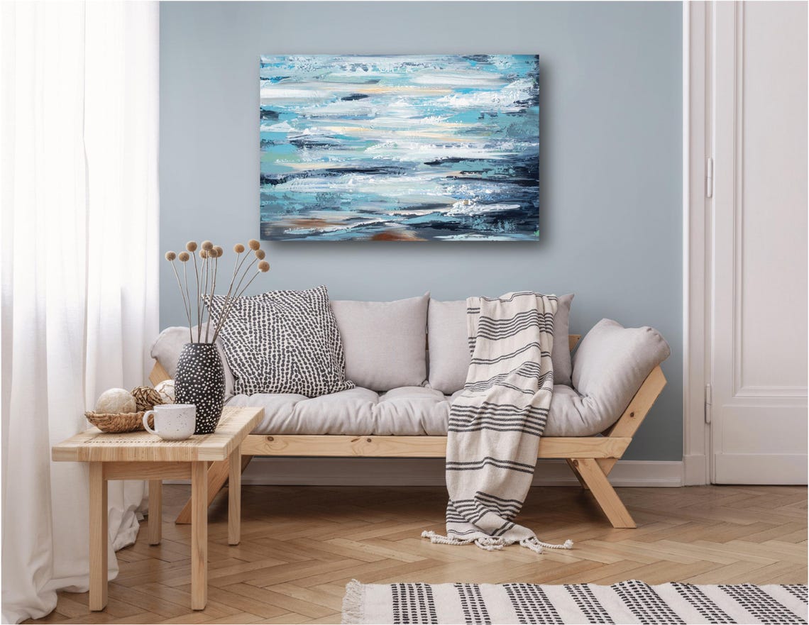 Gray Blue Abstract Ocean Waves Serene Cloudy Impasto Wall Art Print - Image 2