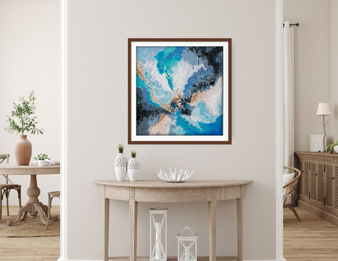 Blue Teal Abstract Wave Impasto Painting Gold Black Modern Art Poster - Image 3