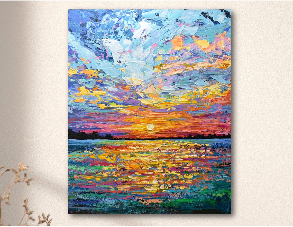 Sunset Seascape Art Print, Impressionism Palette Knife