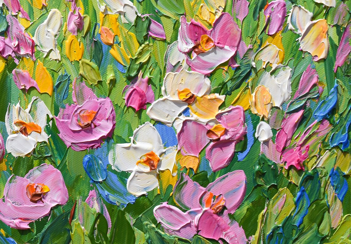 Pink White Yellow Blue Wildflower Field Spring Sky Impasto Poster - Image 3