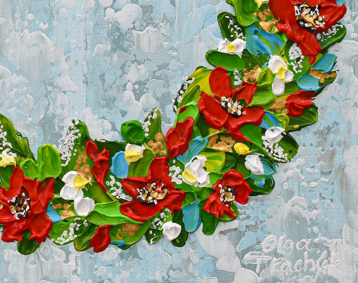 Christmas Wreath Red Flowers Blue Holiday Floral Impasto Art Poster - Image 3
