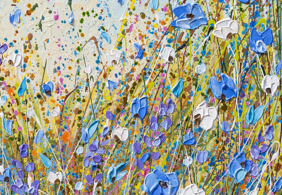 Blue Flower Field Painting Impasto Textured Wildflower Meadow Wall Art - Image 3