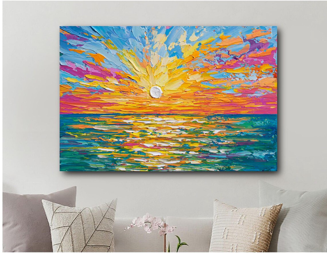 Vivid Sunset Painting Ocean Seascape Orange Pink Teal Coastal Poster