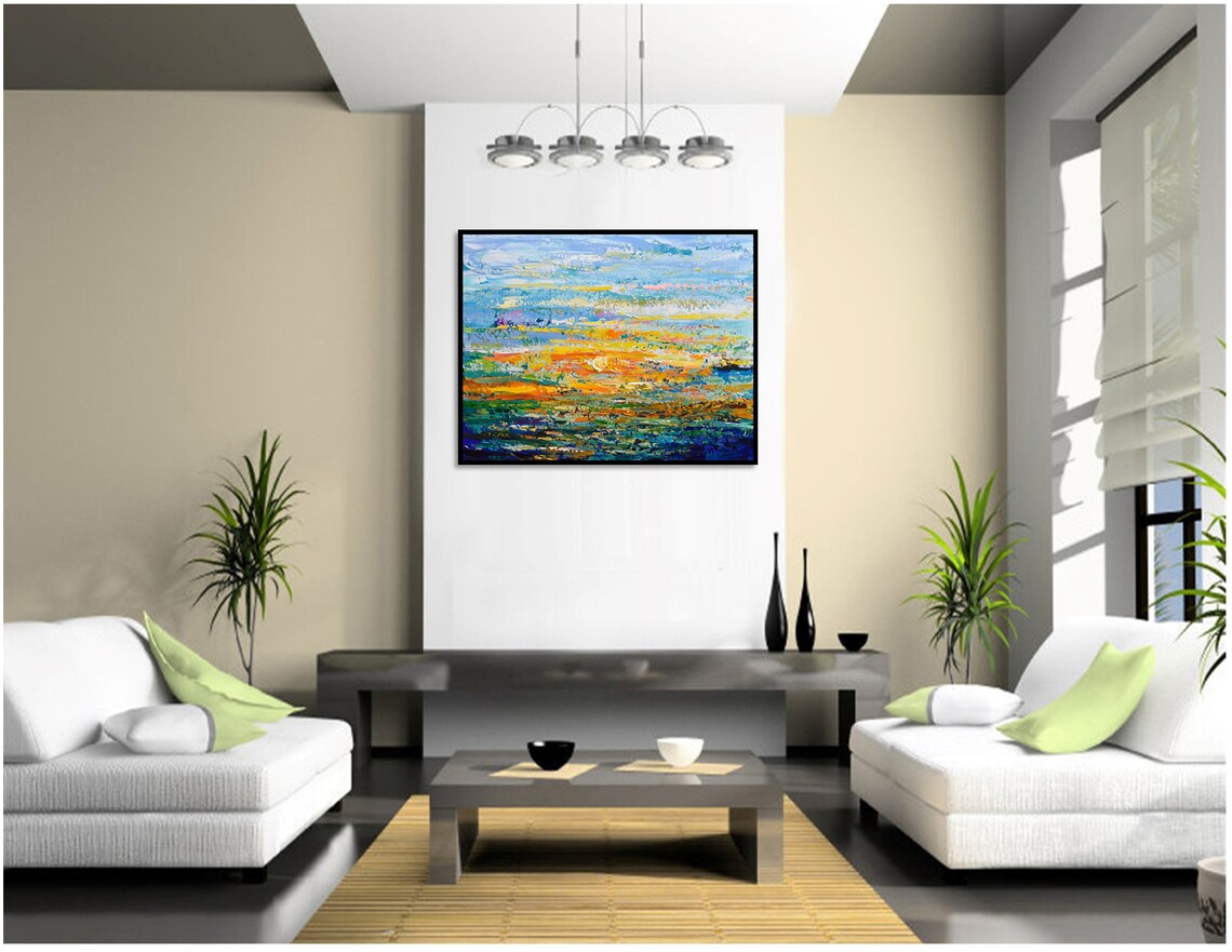 Blue Orange Sunset Seascape Abstract Painting Textured Ocean Art Poster - Image 2