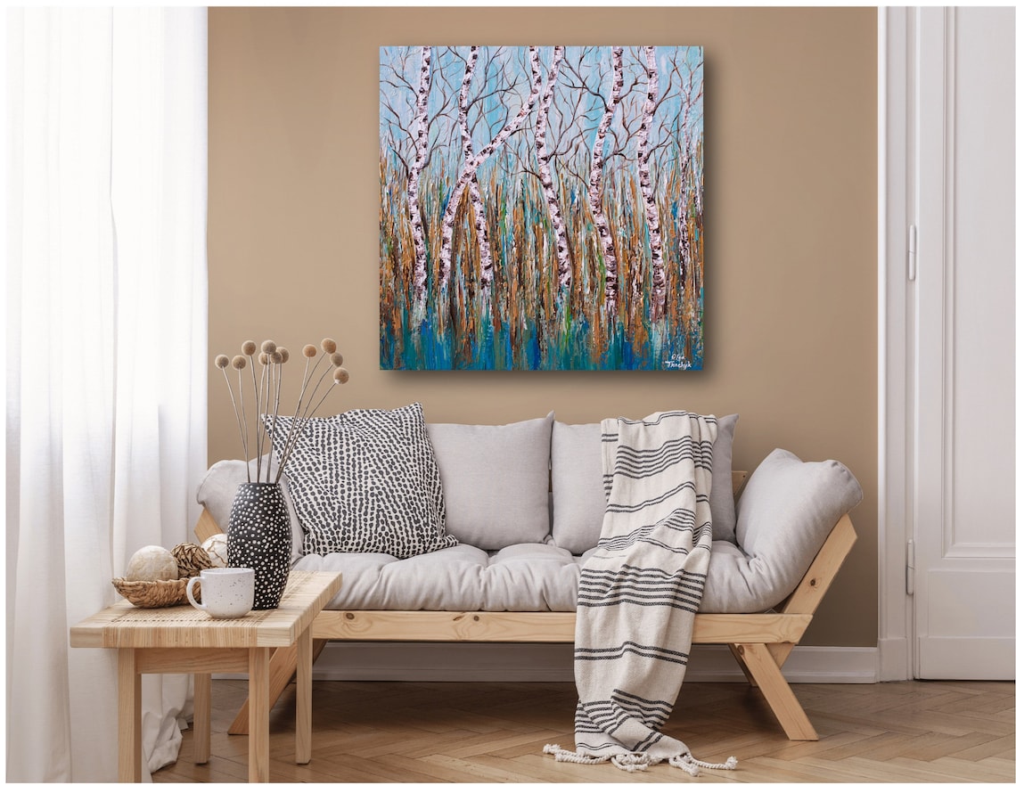 Birch Tree Forest Painting Blue Brown Gold Palette Knife Art Poster - Image 3