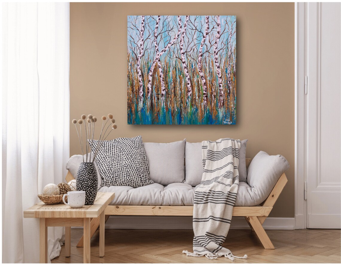 Birch Tree Forest Painting On Blue Brown Gold Palette Knife Art Original Large Landscape Artwork - Image 3