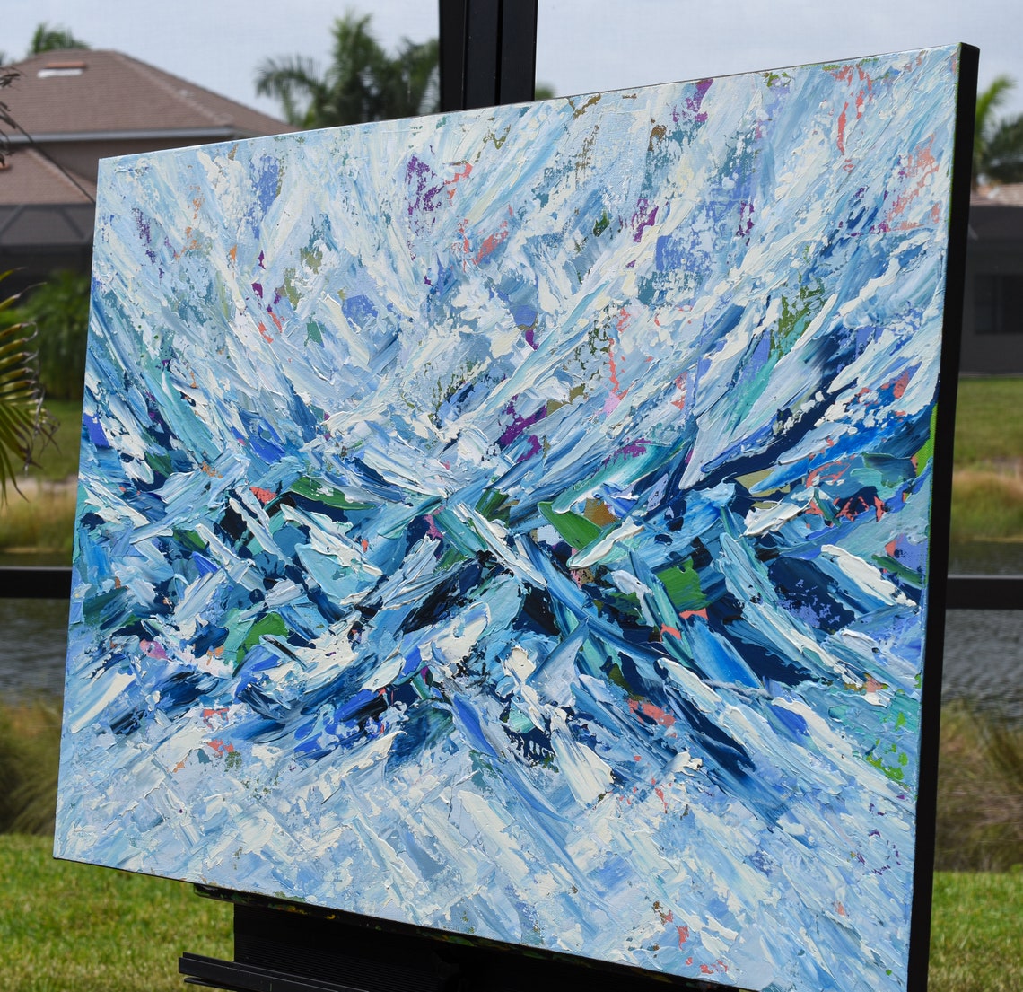 Blue Ocean Wave Abstract Palette Knife White Green Modern Art Poster - Image 2