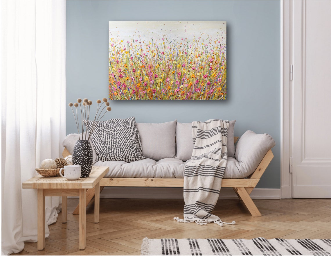 Pink Yellow Wildflower Field Panoramic White Meadow Splatter Poster - Image 2