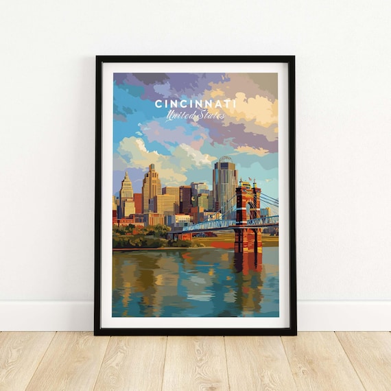 Cincinnati Ohio Skyline Roebling Bridge River Colourful Poster