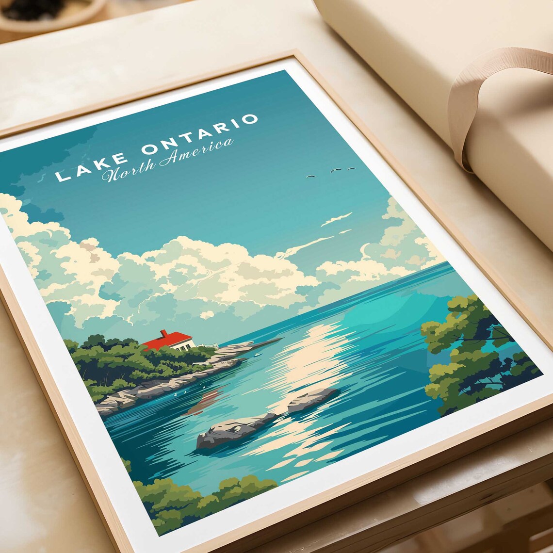 Lake Ontario North America Teal Lake Rocky Coast Travel Poster