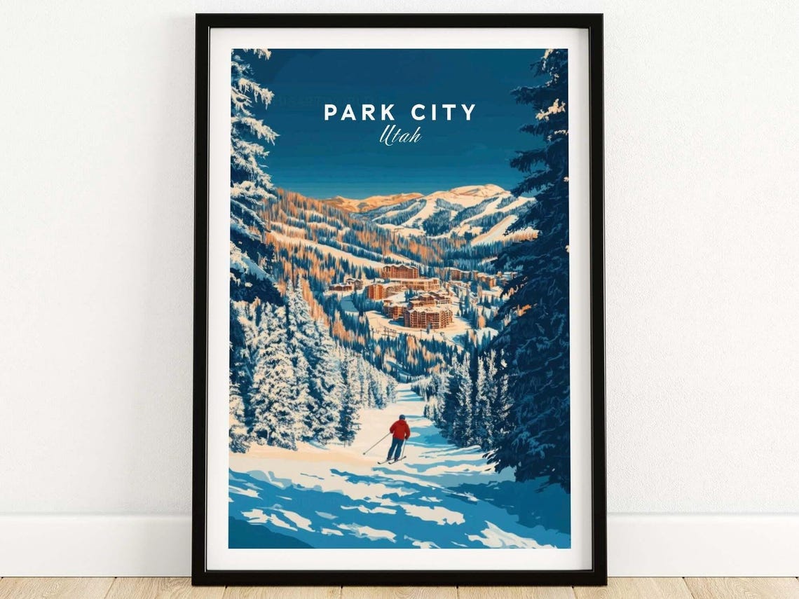Park City Utah Evening Ski Slope Red Skier Snowy Pines Poster