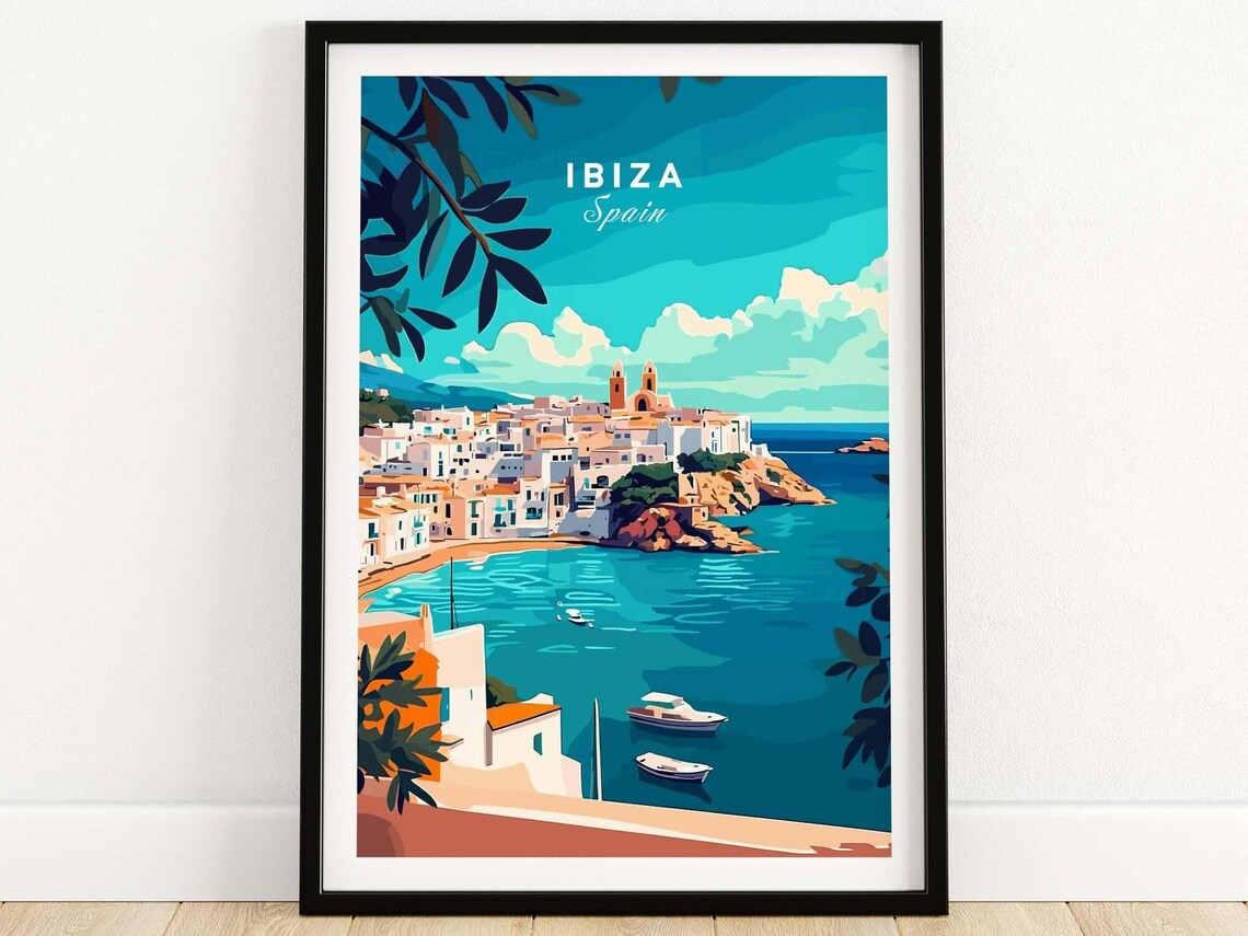 Ibiza Spain Old Town Hilltop Over Turquoise Harbor Sunny Travel Poster