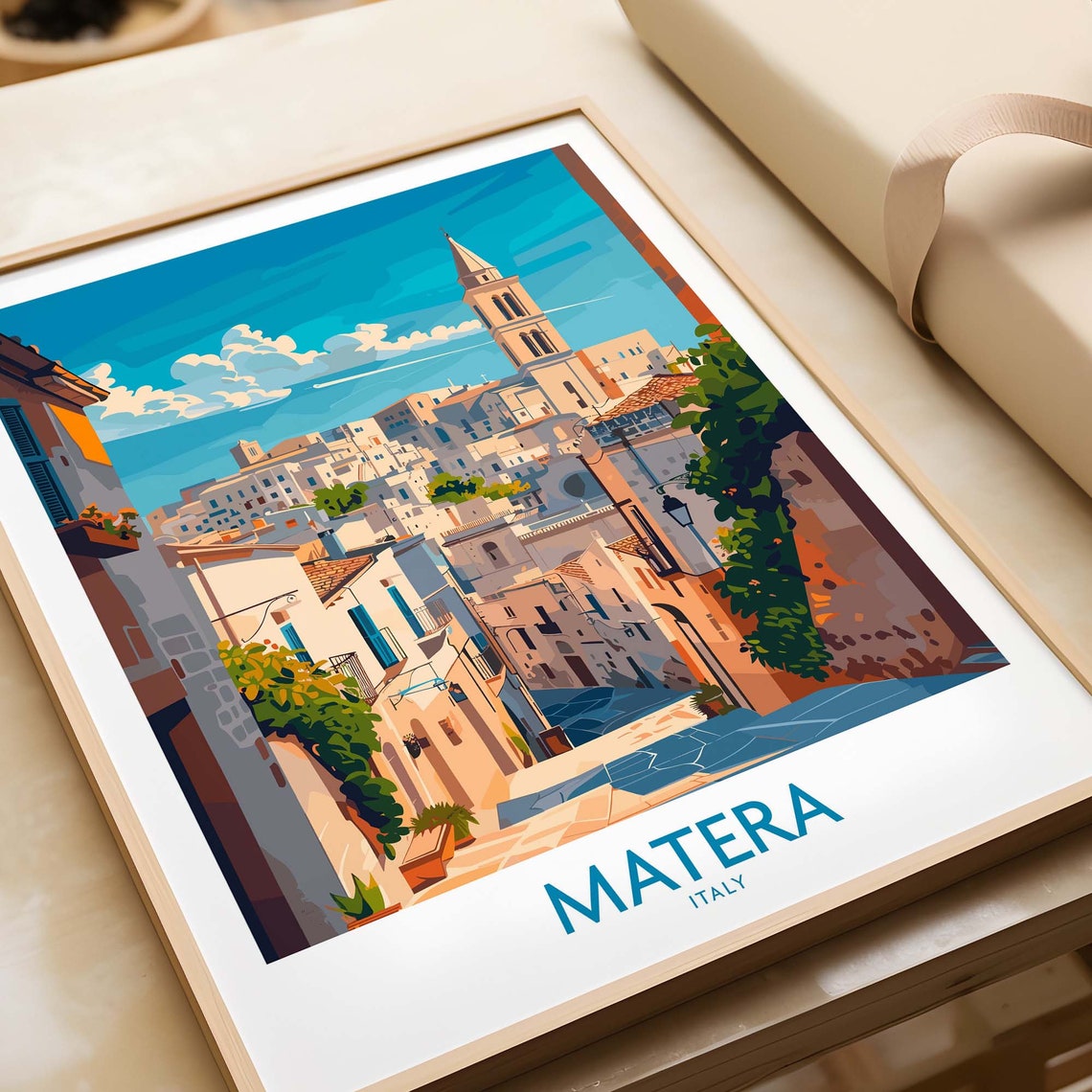 Matera Italy Old Town Street White Houses Bell Tower View Poster