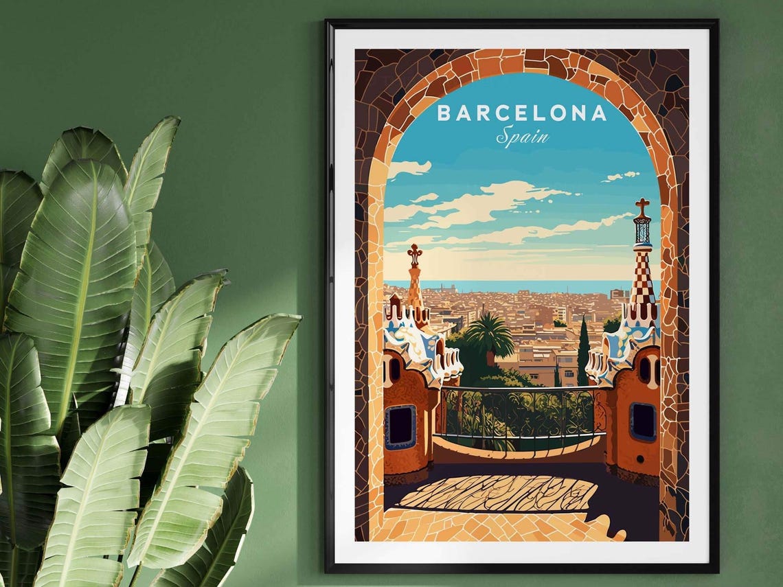Barcelona Spain Park Guell View Gaudi Terrace Cityscape Poster