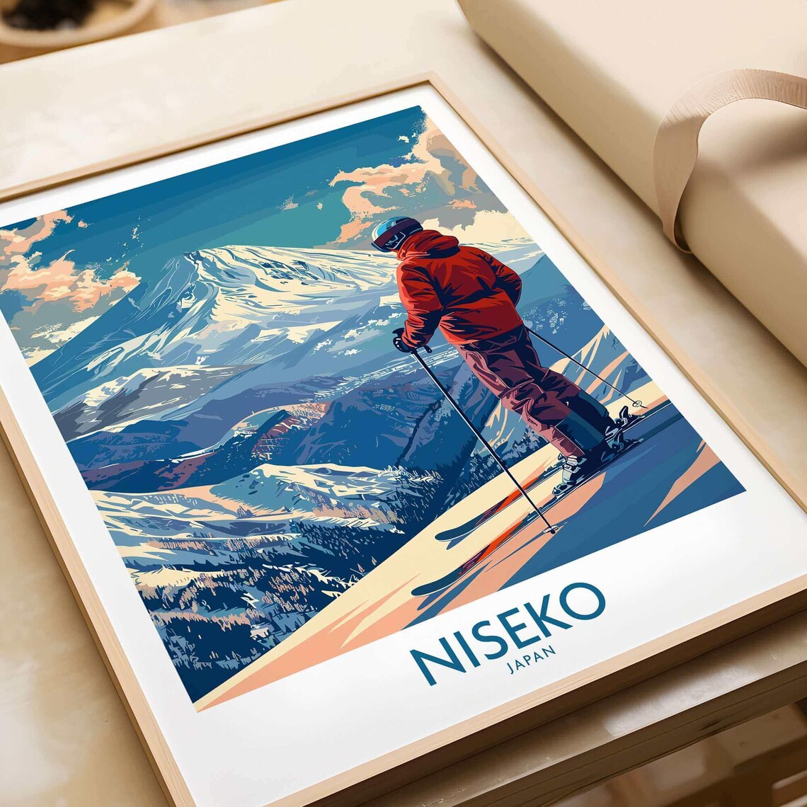 Niseko Japan Warm Tone Ski Poster of Skier on Snowy Slope Gift