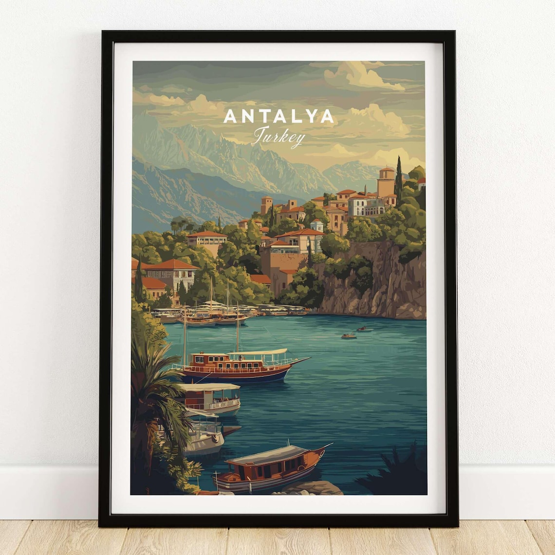 Antalya Turkey Harbor Boats Old Town Mountain Vintage Travel Poster