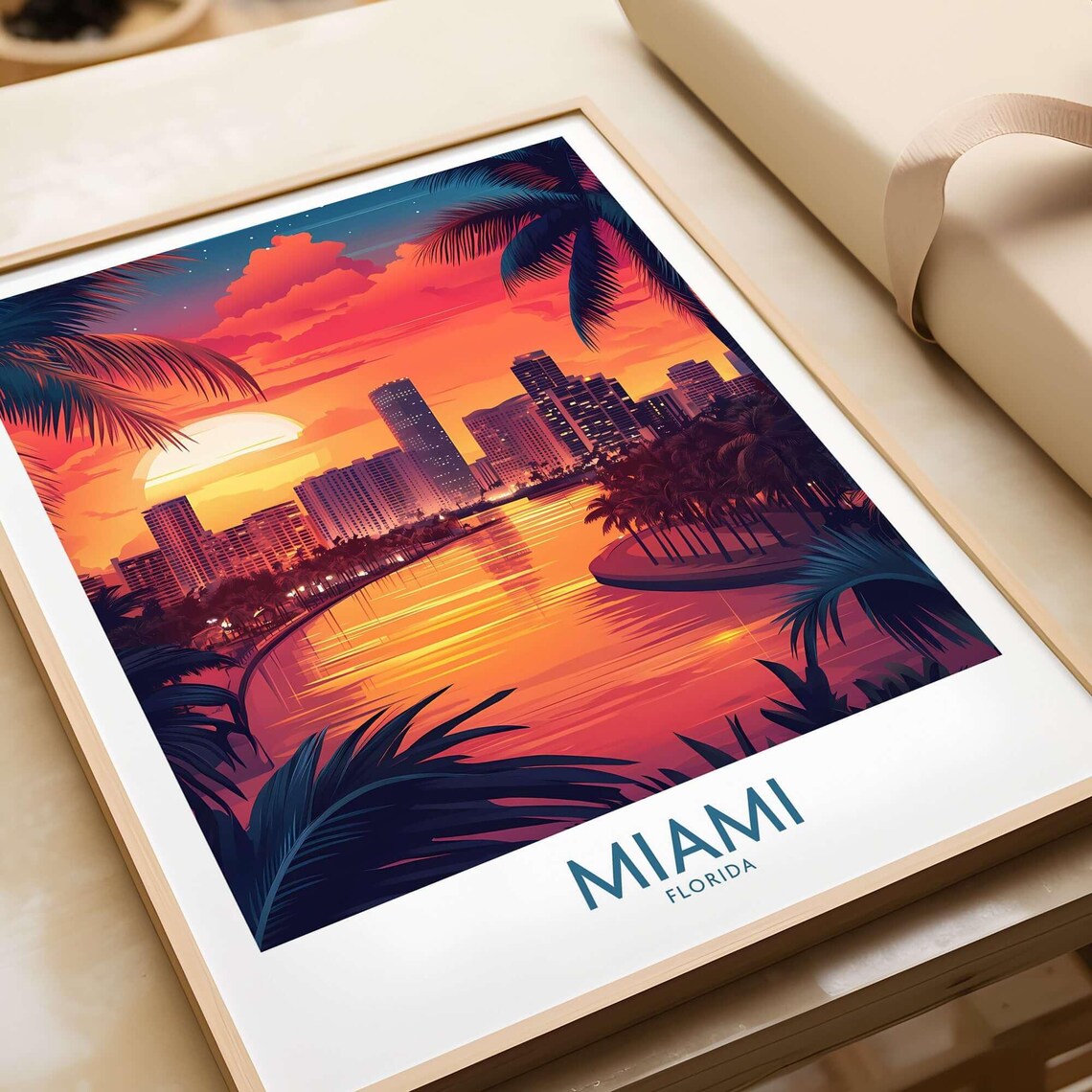 Miami Florida Sunset Skyline Biscayne Bay Vintage Travel Poster