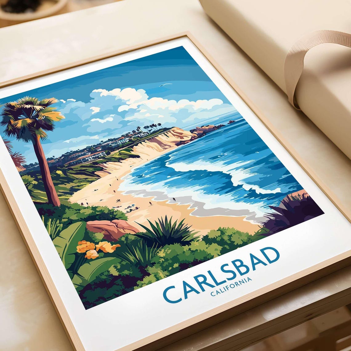 Carlsbad California Sunny Beach Cliffs Palm Trees Surf Travel Poster