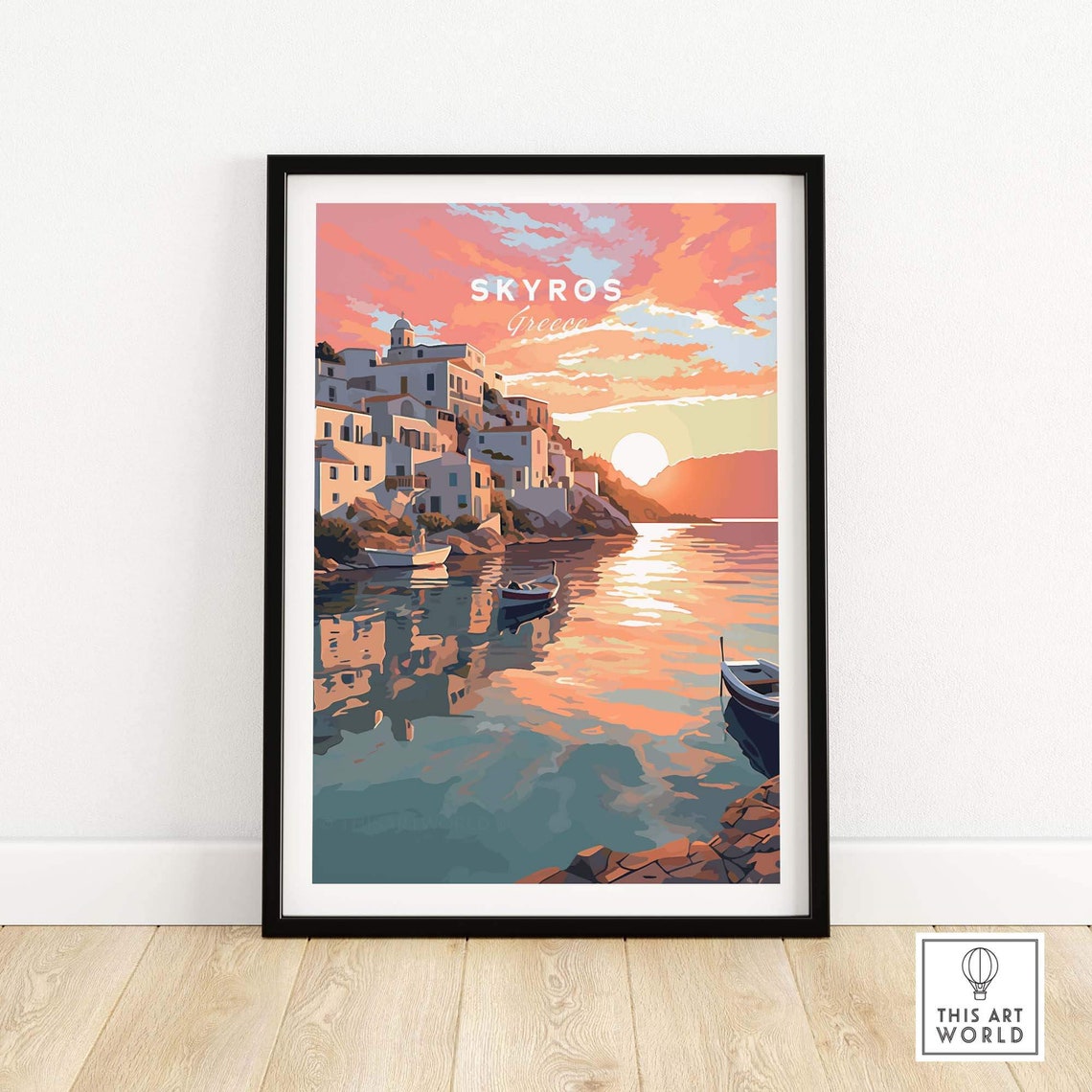 Skyros Greece Sunset Harbor Whitewashed Houses Artwork Poster