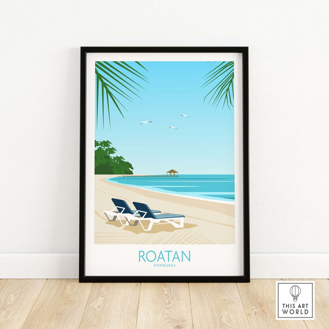 Roatan Honduras Tropical Beach Lounge Chairs Illustrated Travel Poster