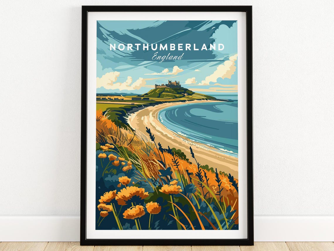 Northumberland England Curved Beach Castle Headland Wildflowers Poster