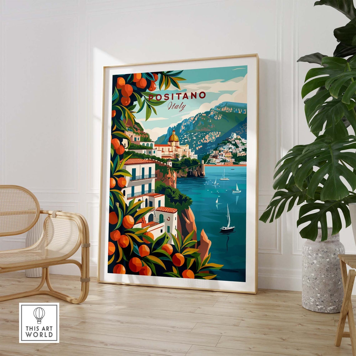Positano Italy Citrus Border Cliffside Sailboats Amalfi Poster - Image 2