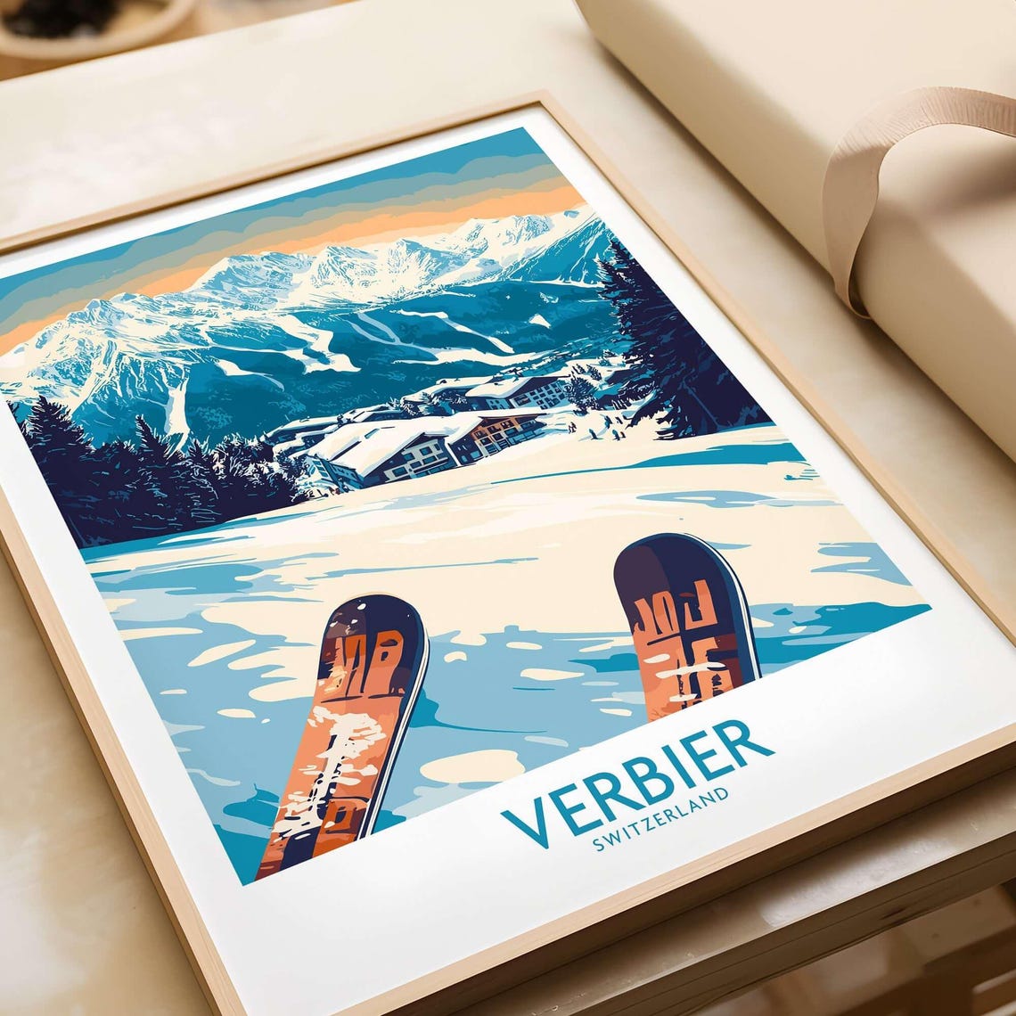 Verbier Switzerland Skis Snow Mountain Slopes Winter Travel Poster