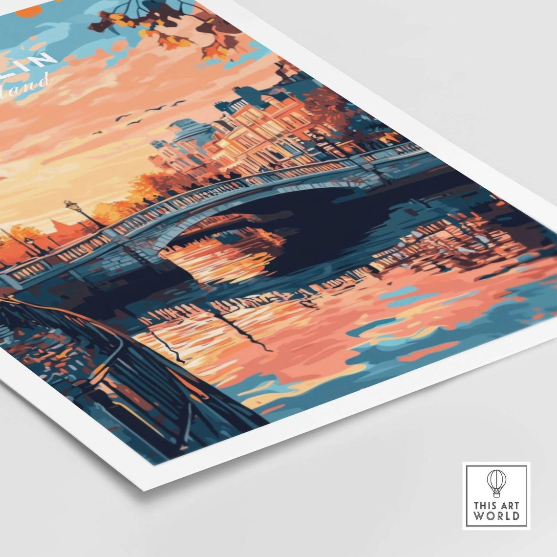 Dublin Ireland Autumn Sunset River Bridge Vintage Travel Poster - Image 4