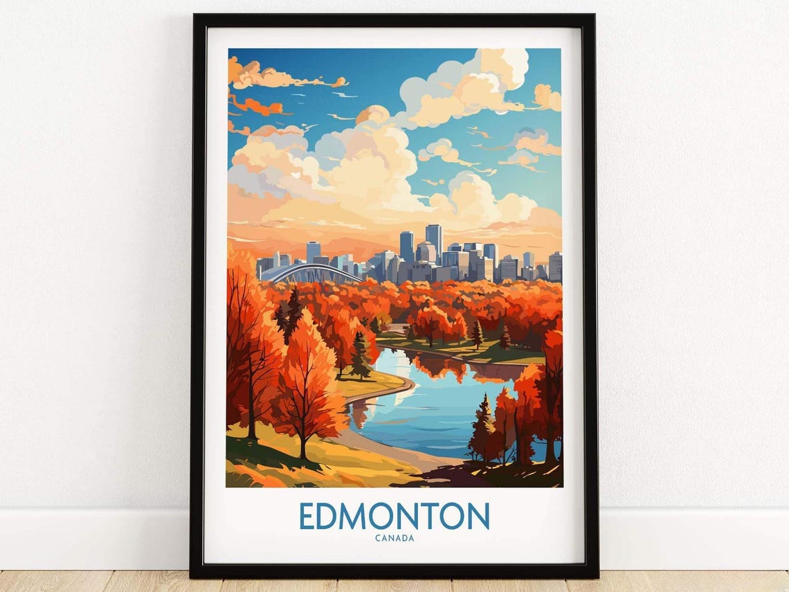 Edmonton Canada Autumn River Valley Skyline Fall Foliage Travel Poster