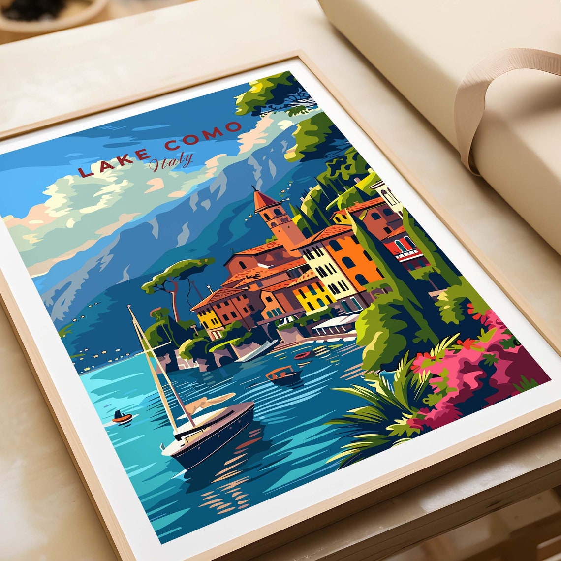 Lake Como Italy Harbor Sailboats Lakeside Town Sunset Poster