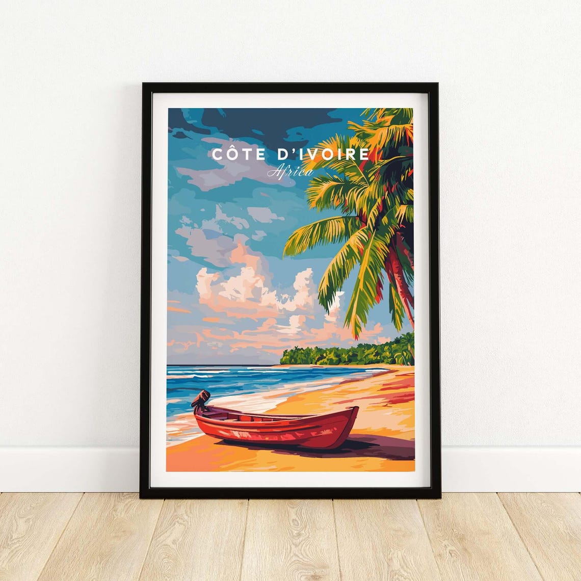 Cote dIvoire Africa Red Canoe Beach Pink Sunset Travel Poster