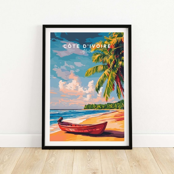Cote dIvoire Africa Red Canoe Beach Pink Sunset Travel Poster