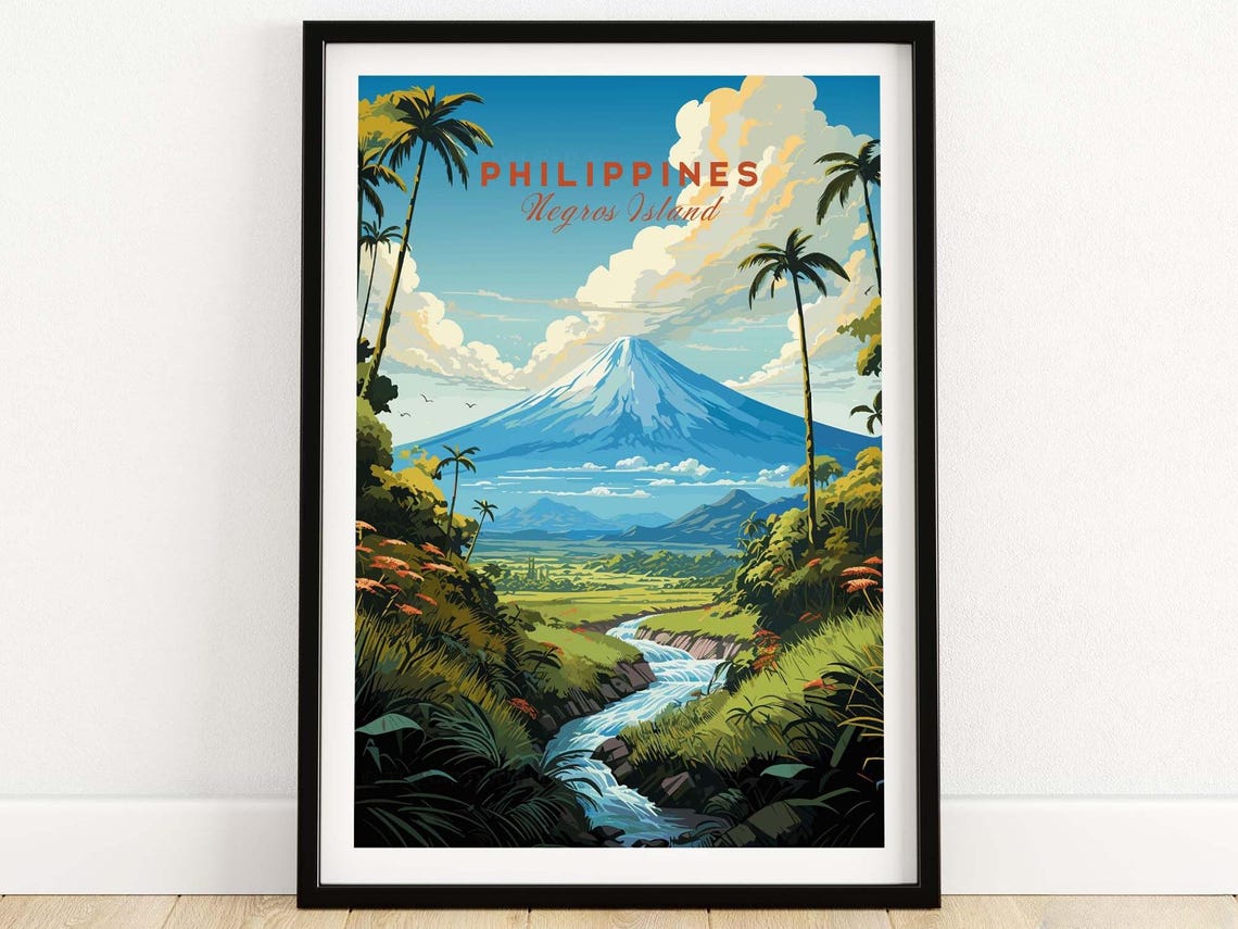 Philippines Negros Island Volcano River Palms Vintage Travel Poster
