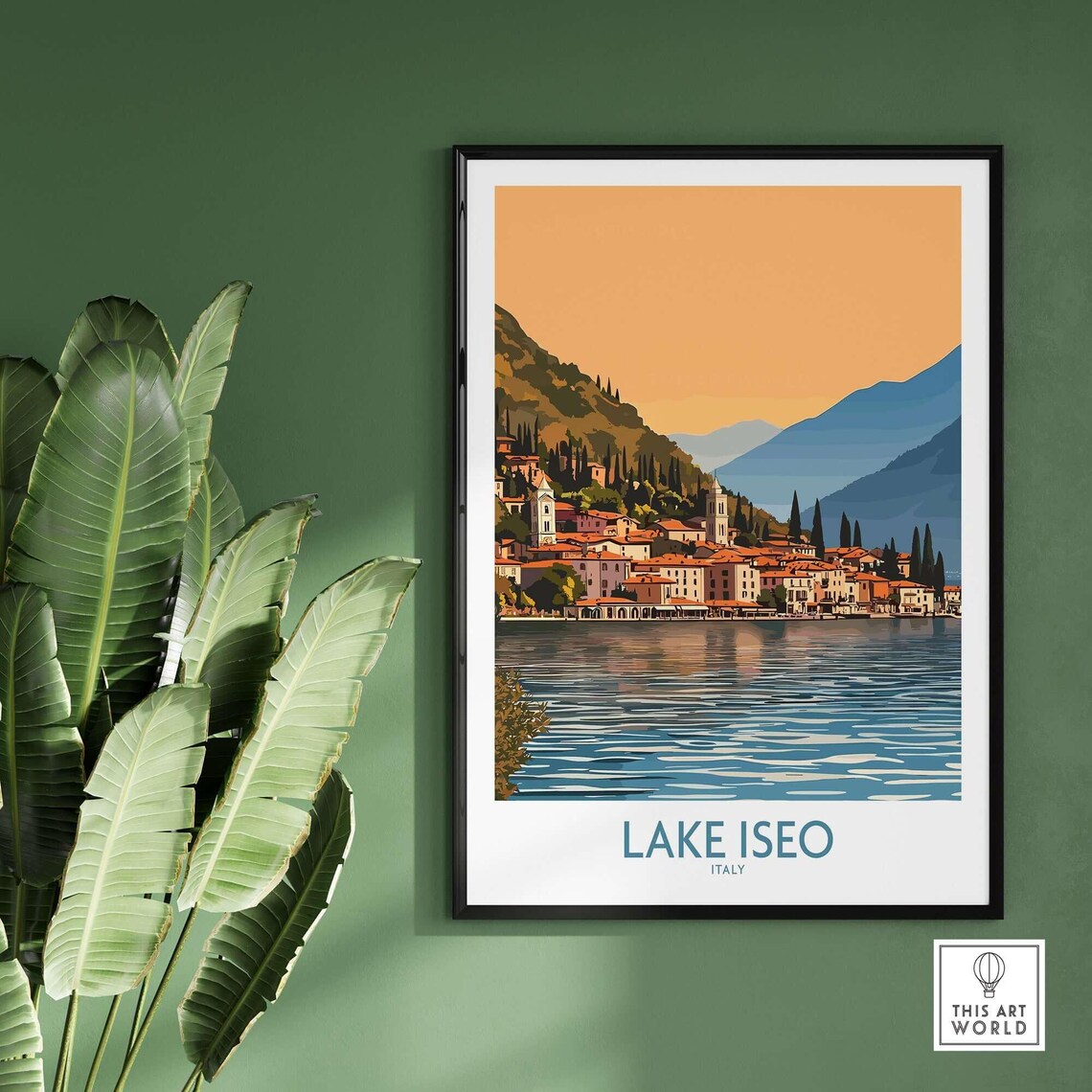 Lake Iseo Italy Sunset Over Lakeside Old Town Vintage Travel Poster - Image 2