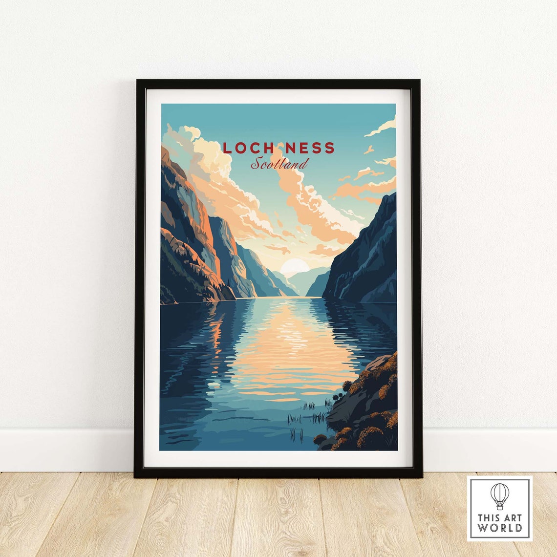Loch Ness Scotland Mountain Lake Sunset Water Reflection Travel Poster