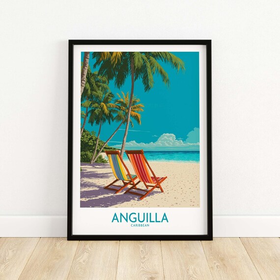 Anguilla Caribbean Sunset Poster Island Travel Wall Art Print Tropical Beach Decor Vacation Home Gift Coastal Landscape Illustration