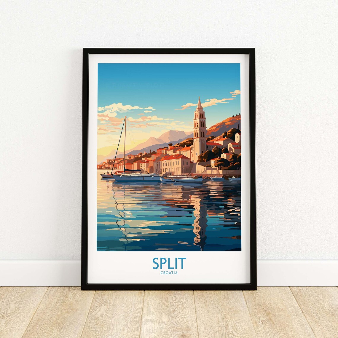 Split Croatia Harbor Sailboats Bell Tower Sunset Travel Poster