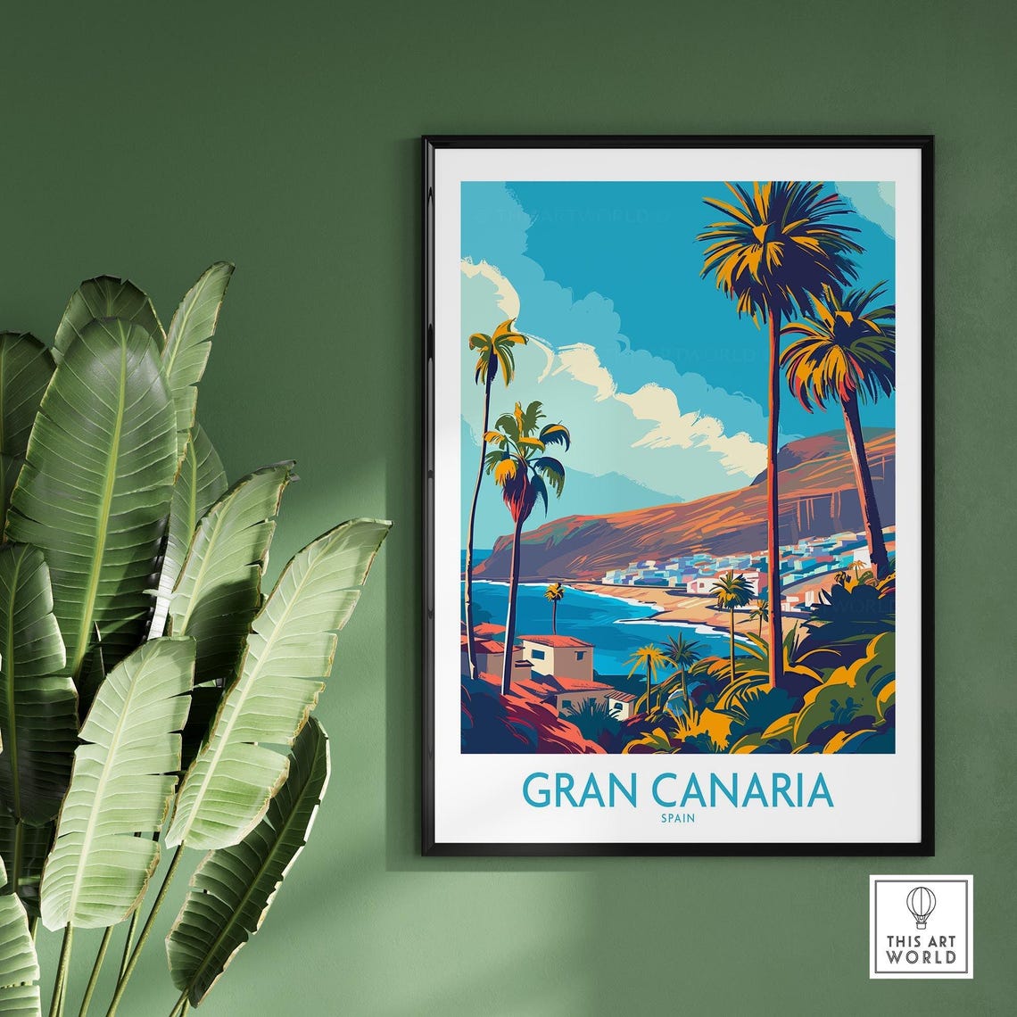 Gran Canaria Spain Seaside Town Palms Mountain Coast Art Poster - Image 2