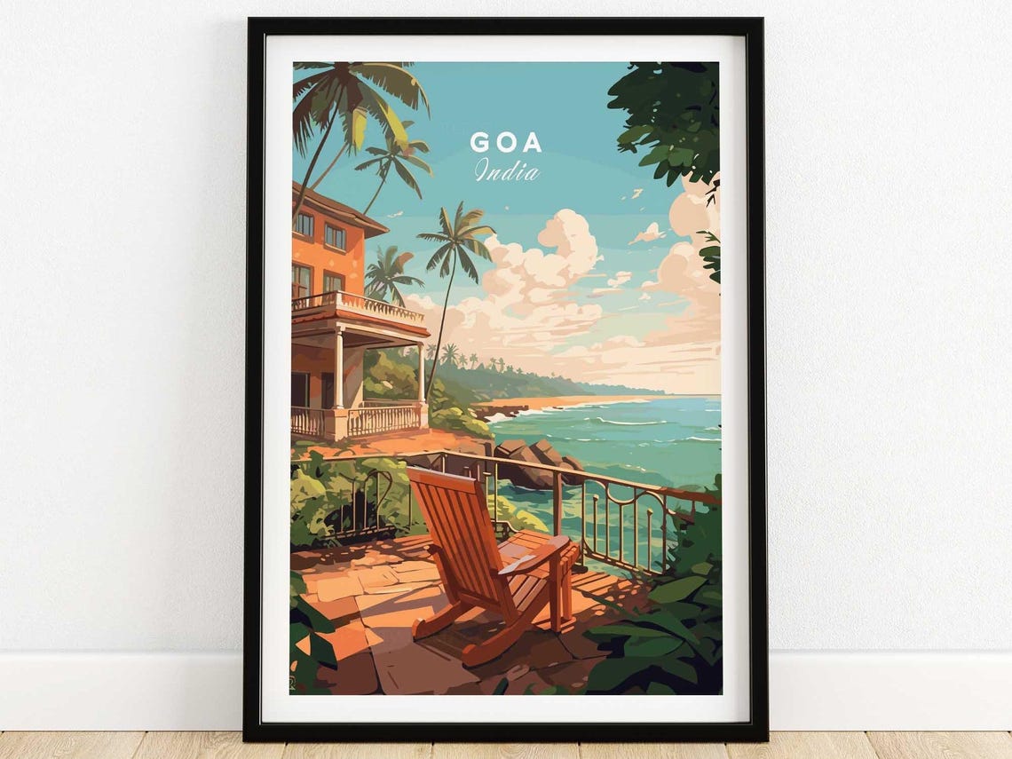 Goa India Colonial Terrace Ocean View Palm Grove Travel Poster