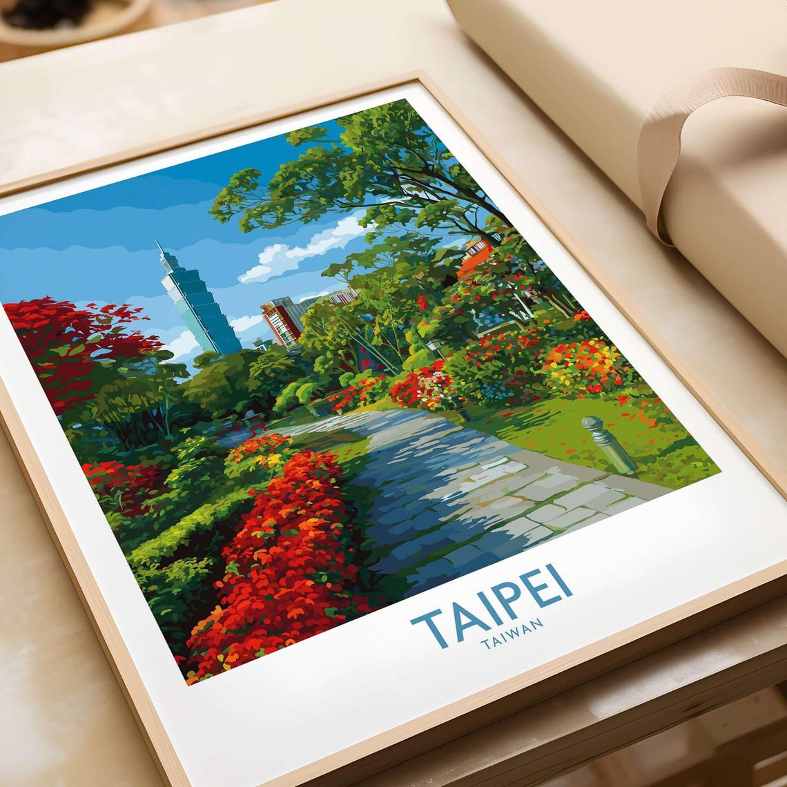 Taipei Taiwan City Park Garden Path With Taipei 101 View Poster