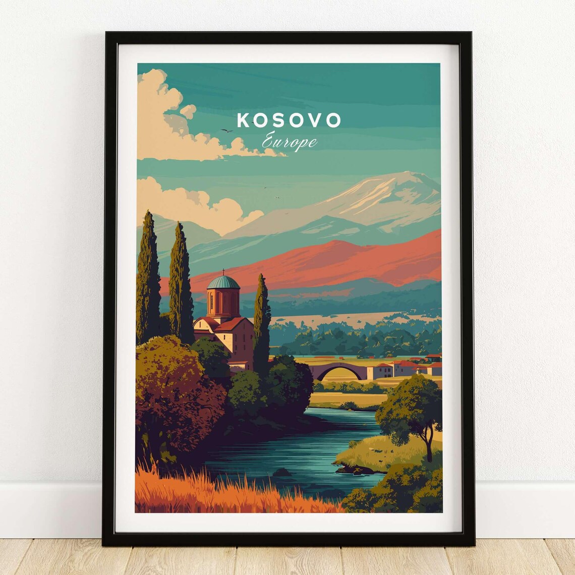 Kosovo Europe Vintage Travel Poster Church Bridge Mountain Valley