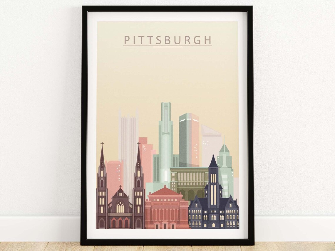 Pittsburgh City Skyline Travel Poster, Housewarming Gift